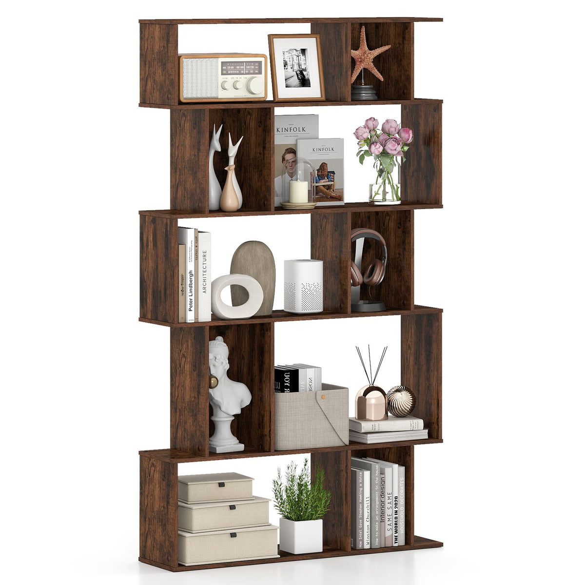 5-Tier Geometric Display Rack with Open Shelves and Closed Cubes for home