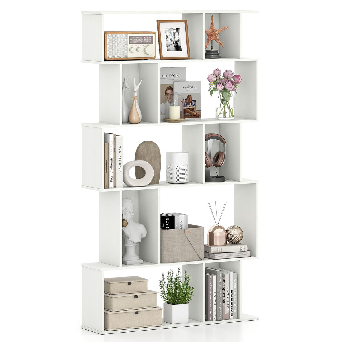 5-Tier Geometric Display Rack with Open Shelves and Closed Cubes for home