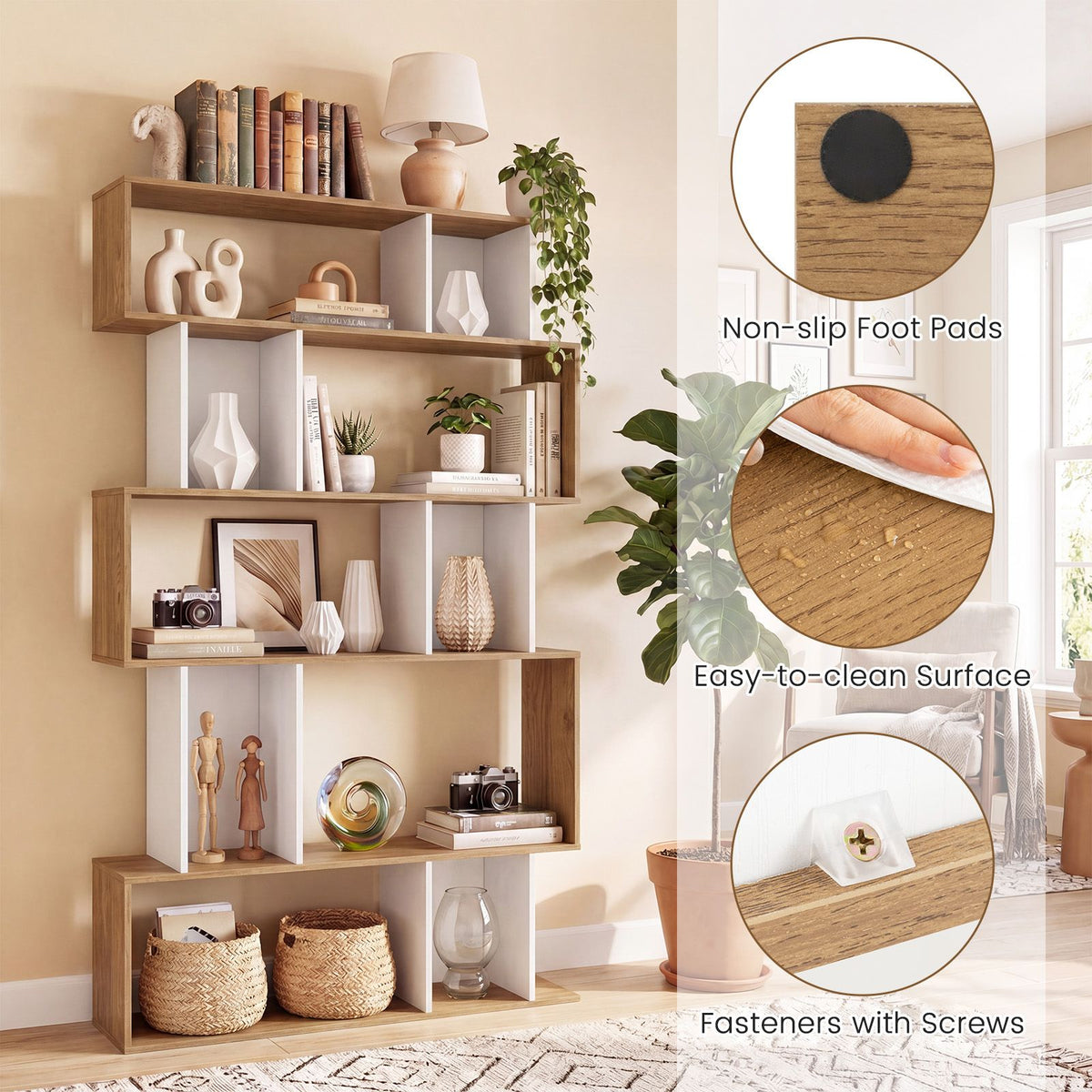 5-Tier Geometric Display Rack with Open Shelves and Closed Cubes for home