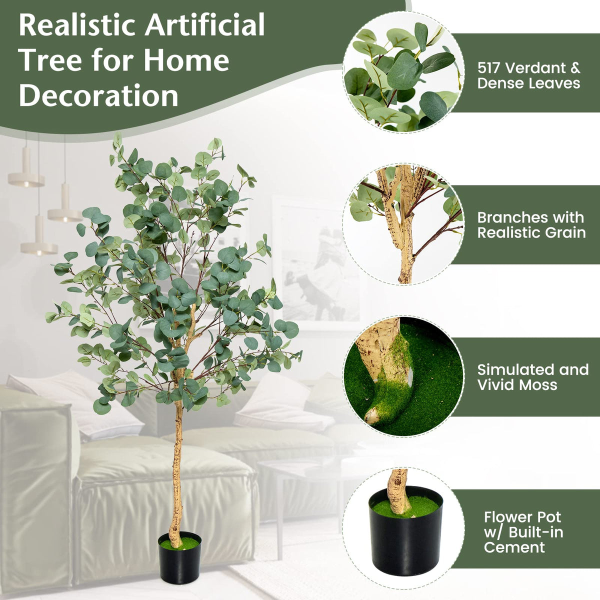 Giantex 1.65m Artificial Tree, Artificial Eucalyptus Tree in Plastic Nursery Pot