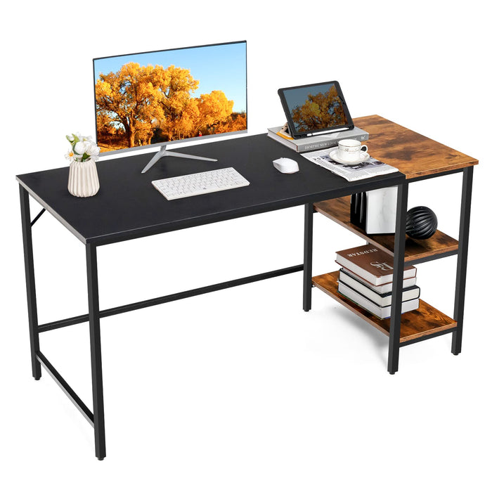 140 CM Reversible Computer Desk, Large Home Office Desk with 2-tier Storage Shelves