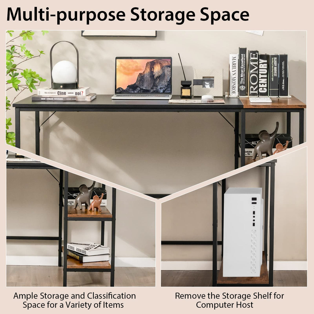 140 CM Reversible Computer Desk, Large Home Office Desk with 2-tier St ...