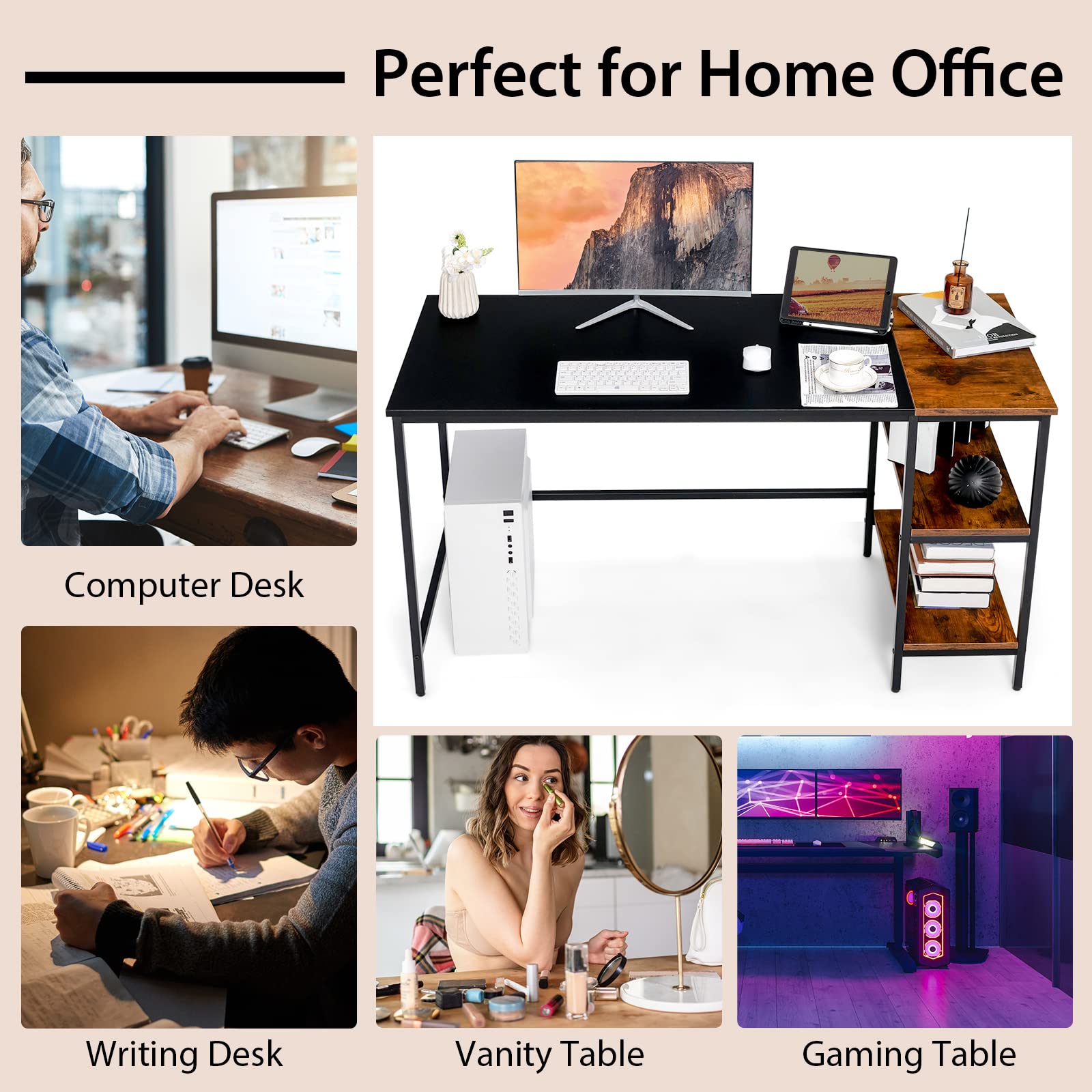 140 CM Reversible Computer Desk, Large Home Office Desk with 2-tier St ...