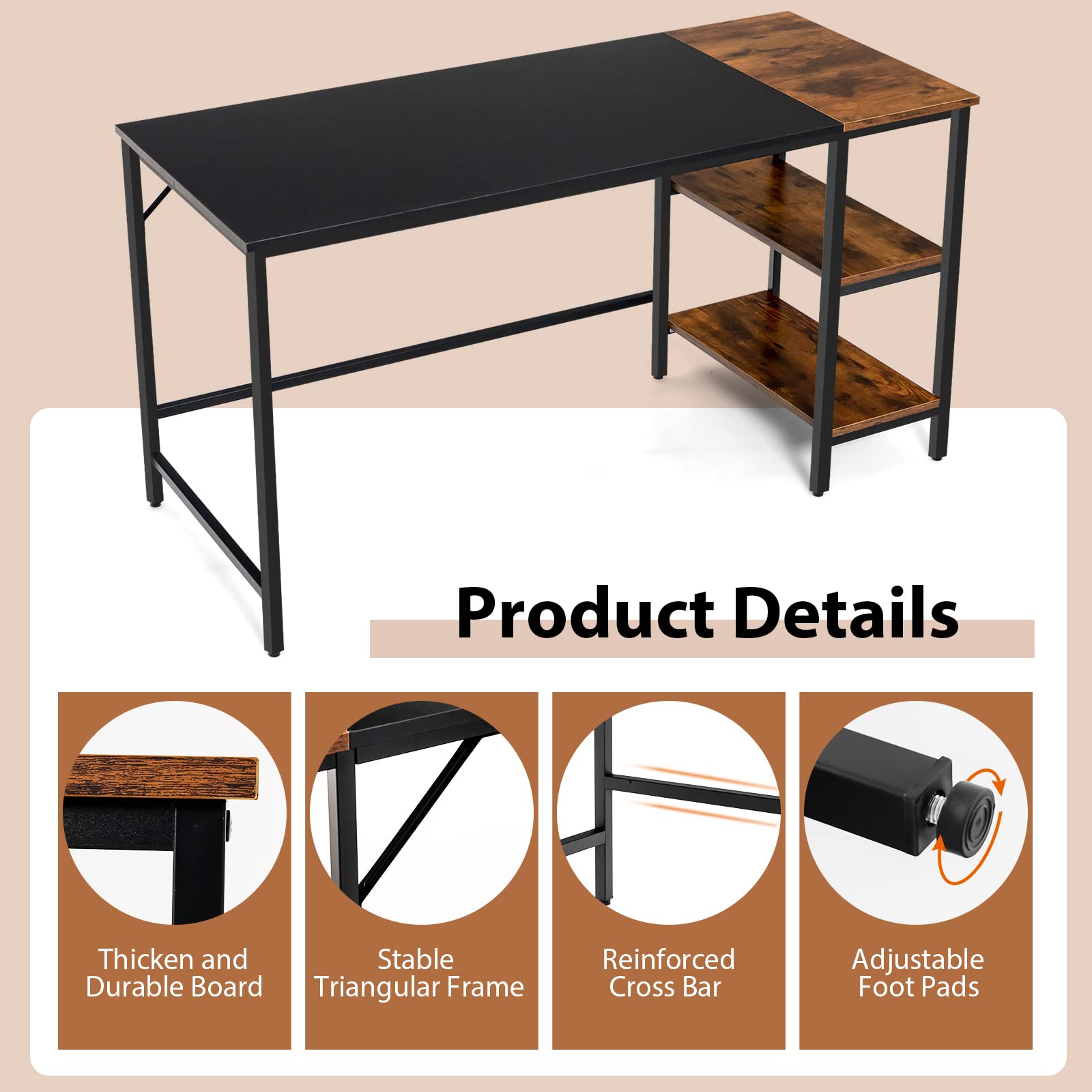 140 CM Reversible Computer Desk, Large Home Office Desk with 2-tier St ...