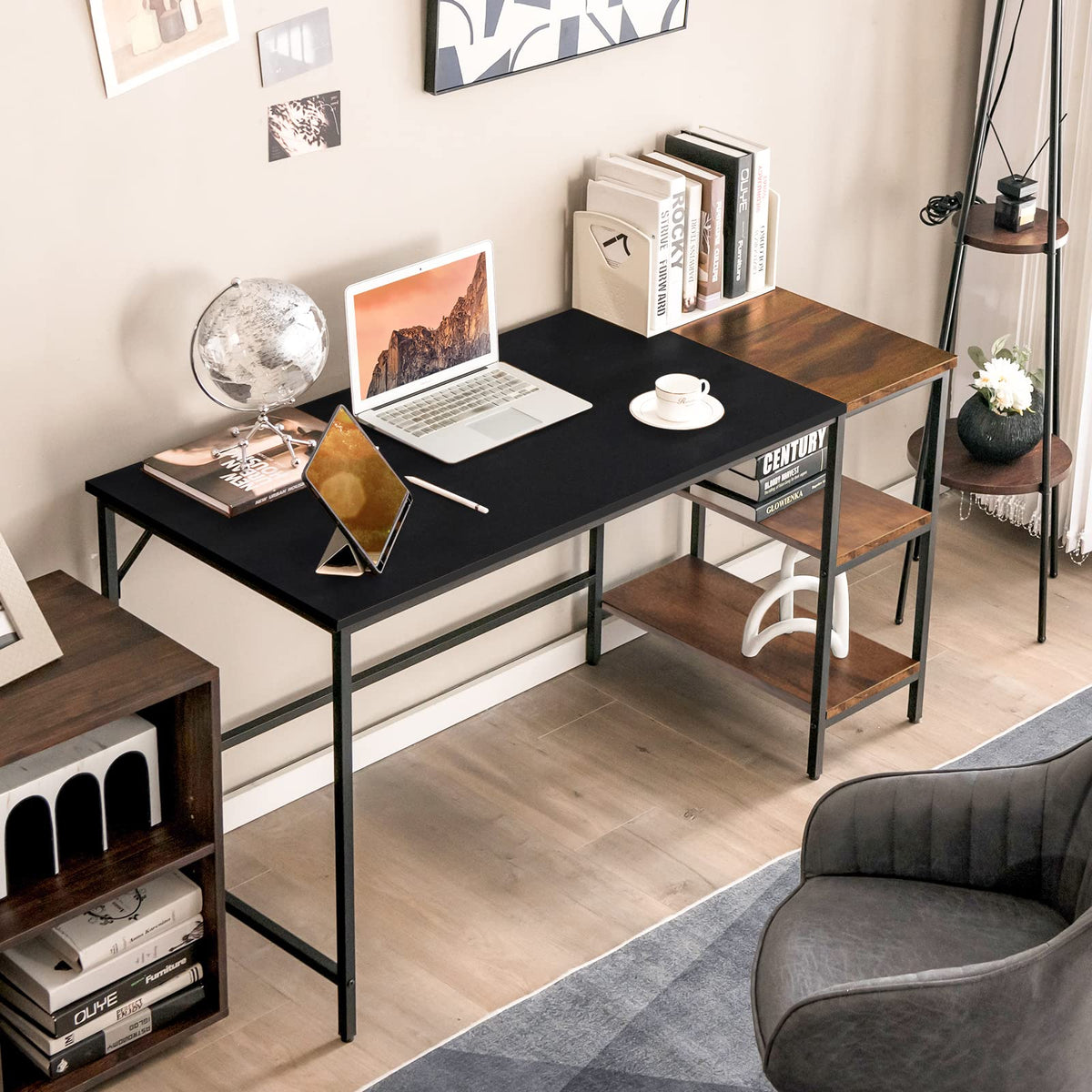 140 CM Reversible Computer Desk, Large Home Office Desk with 2-tier St ...