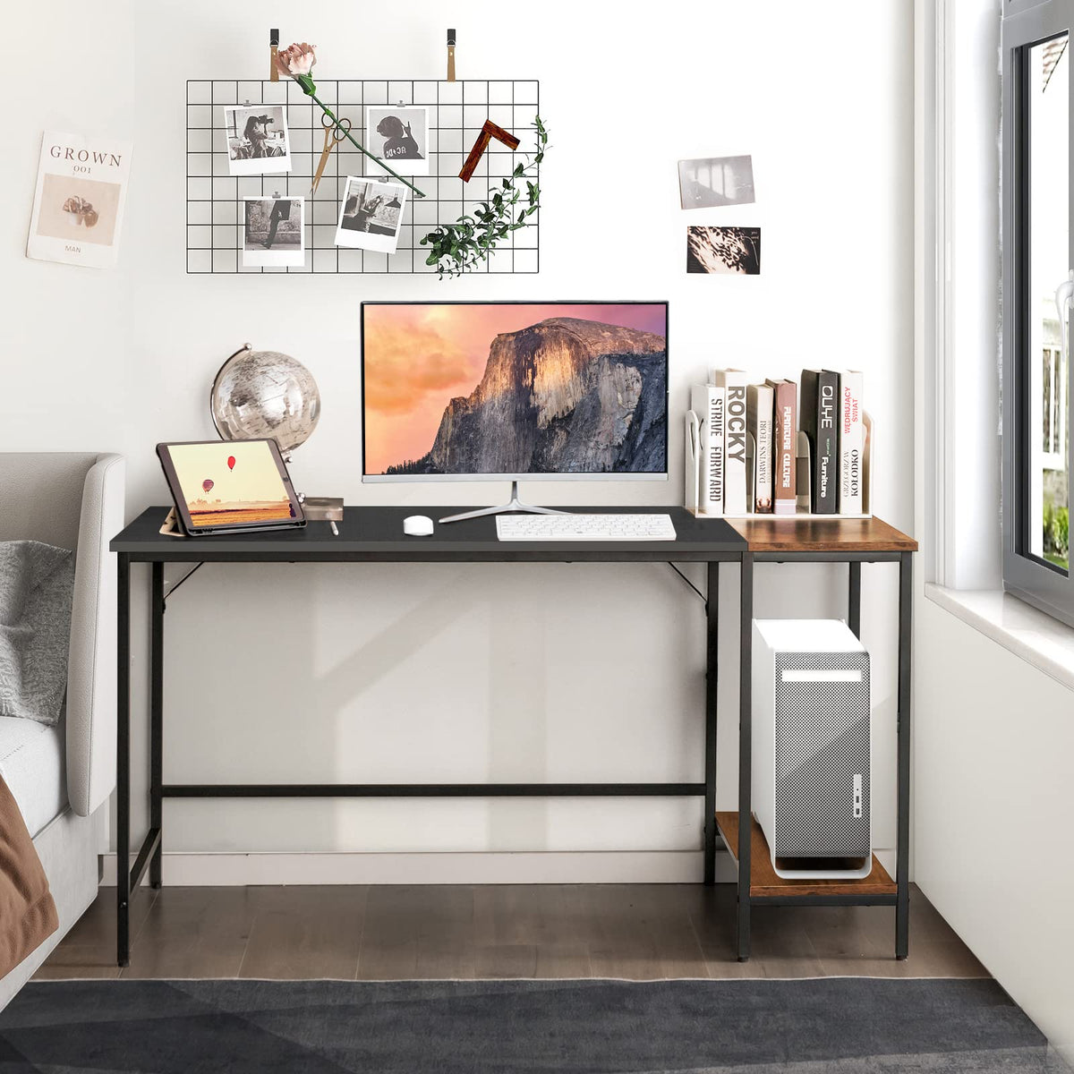 140 CM Reversible Computer Desk, Large Home Office Desk with 2-tier St ...