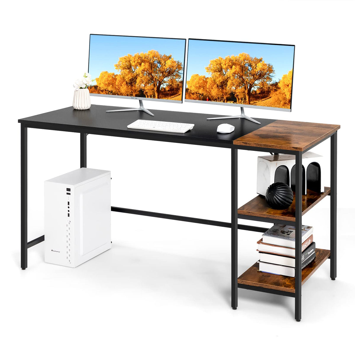 140 CM Reversible Computer Desk, Large Home Office Desk with 2-tier St ...