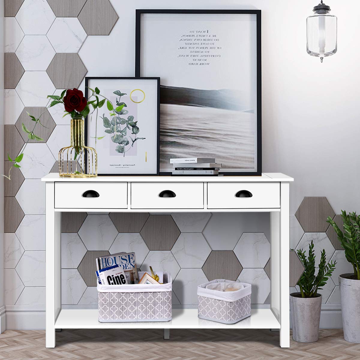 Giantex 3-Drawer Console Table, Sofa Table with 3 Drawers, Bottom Shelf