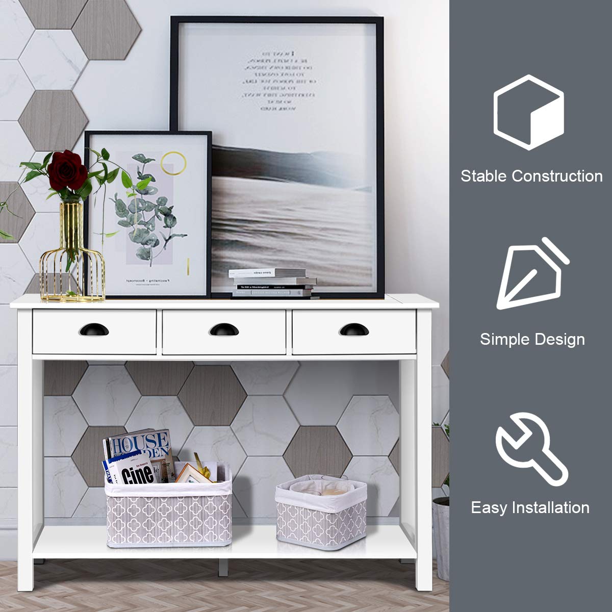 Giantex 3-Drawer Console Table, Sofa Table with 3 Drawers, Bottom Shelf
