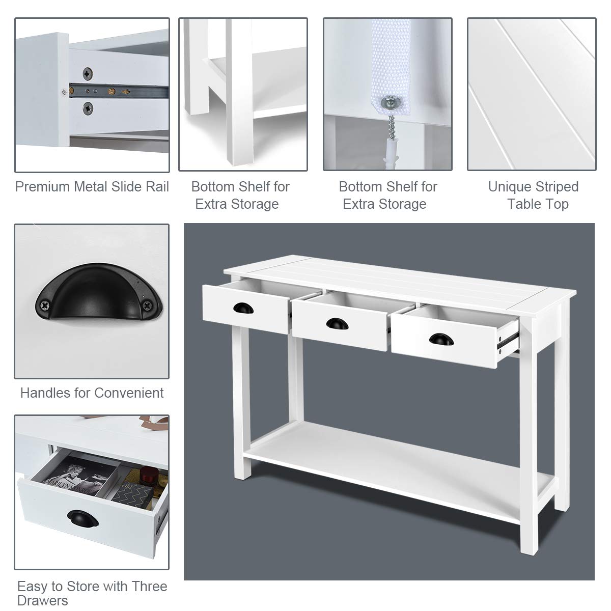 Giantex 3-Drawer Console Table, Sofa Table with 3 Drawers, Bottom Shelf