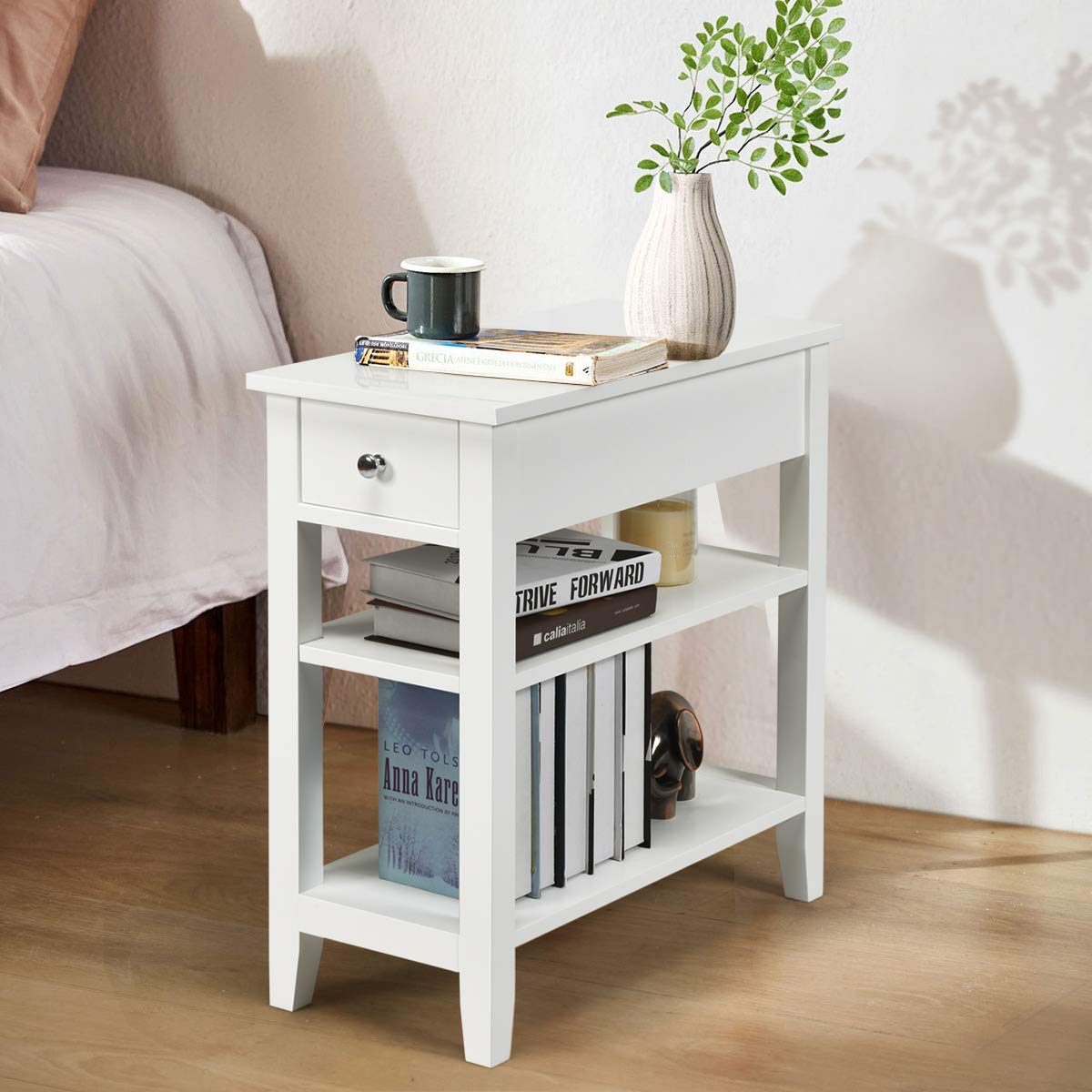 Giantex 3-Tier End Table w/Drawer Side Table with One Drawer and Double Shelves Narrow Tiered Nightstand for Bedroom