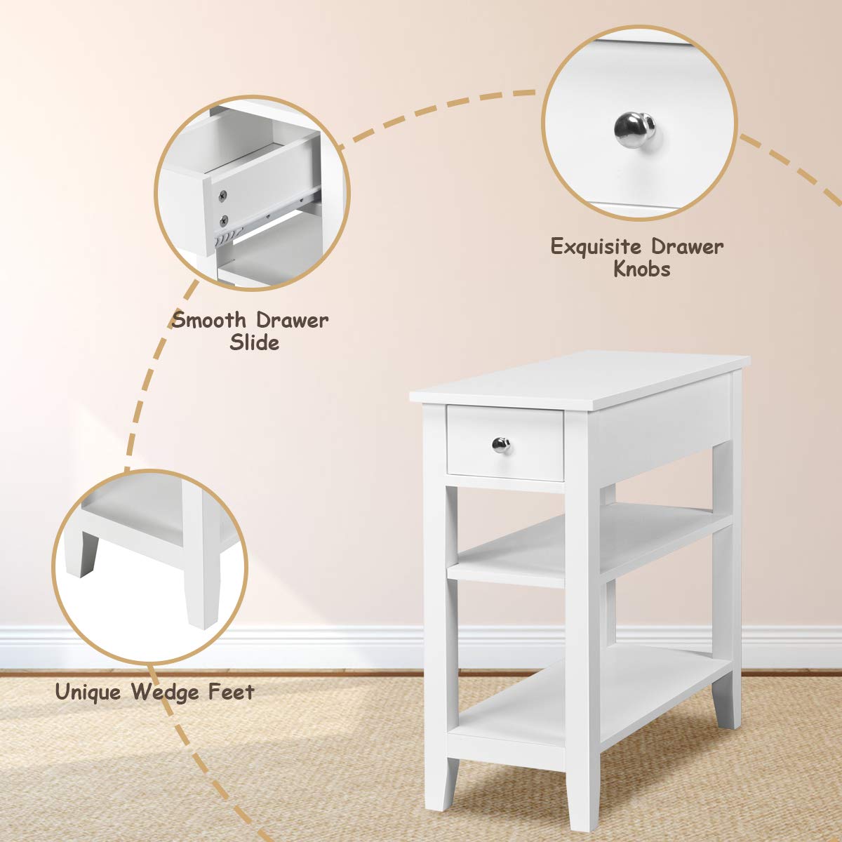 Giantex 3-Tier End Table w/Drawer Side Table with One Drawer and Double Shelves Narrow Tiered Nightstand for Bedroom