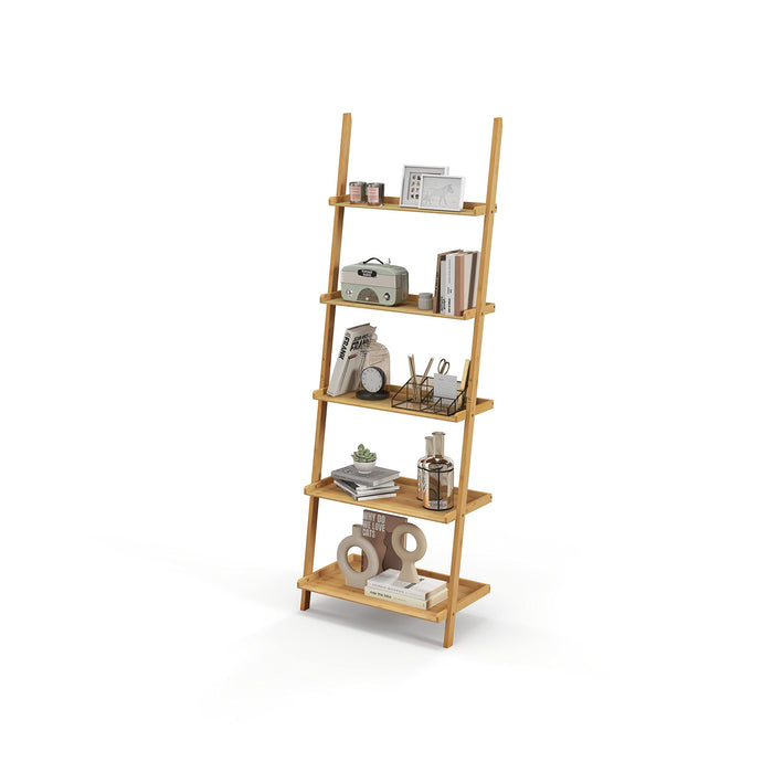 Giantex 5-Tier Bamboo Ladder Shelf, Wall-Leaning Bookshelf with Anti-Tipping Kits