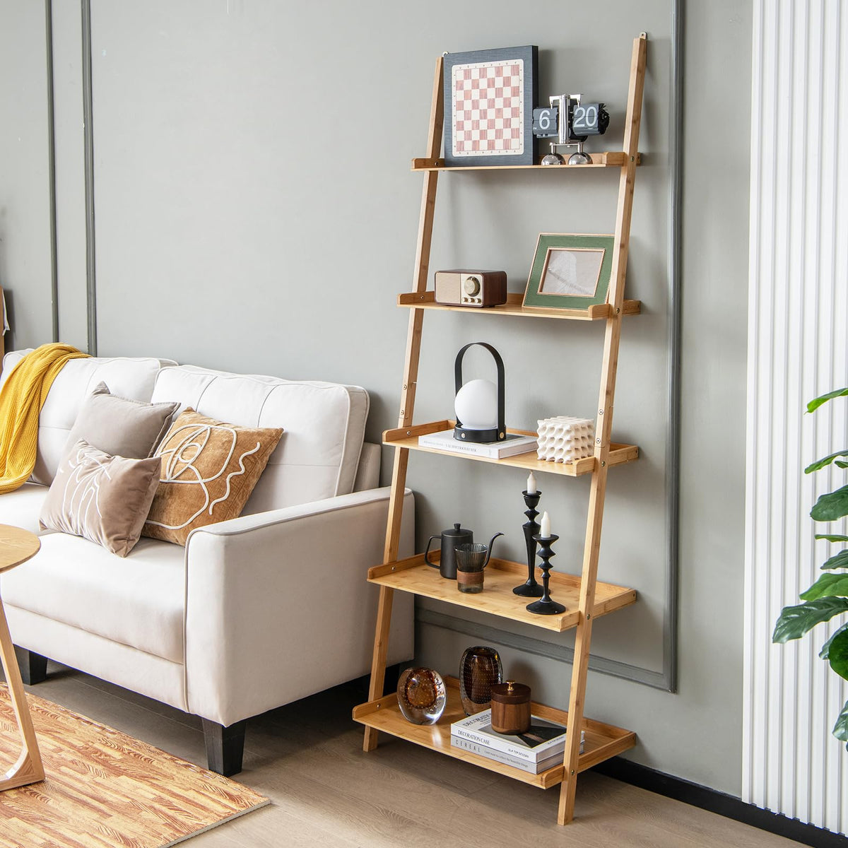 Giantex 5-Tier Bamboo Ladder Shelf, Wall-Leaning Bookshelf with Anti-Tipping Kits