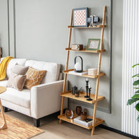 Giantex 5-Tier Bamboo Ladder Shelf, Wall-Leaning Bookshelf with Anti-Tipping Kits