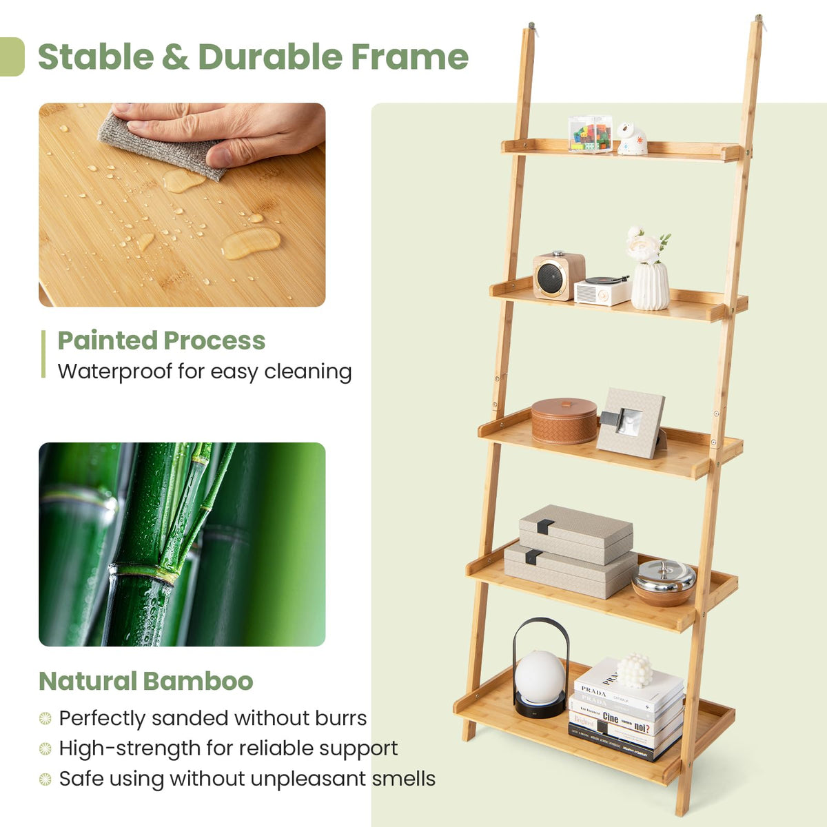 Giantex 5-Tier Bamboo Ladder Shelf, Wall-Leaning Bookshelf with Anti-Tipping Kits