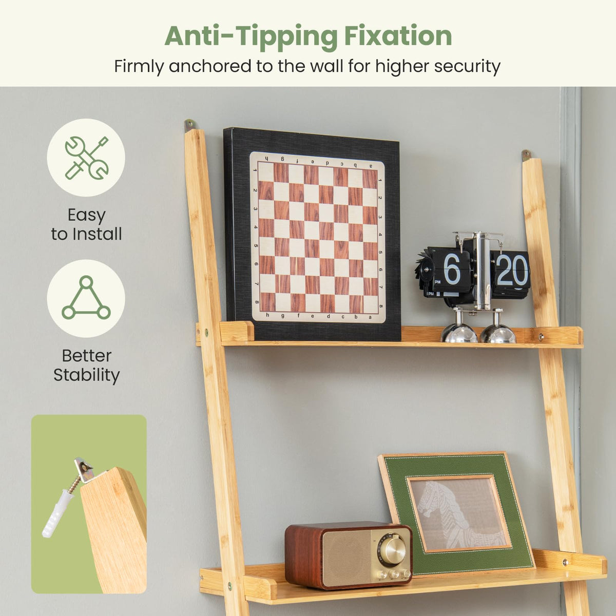 Giantex 5-Tier Bamboo Ladder Shelf, Wall-Leaning Bookshelf with Anti-Tipping Kits
