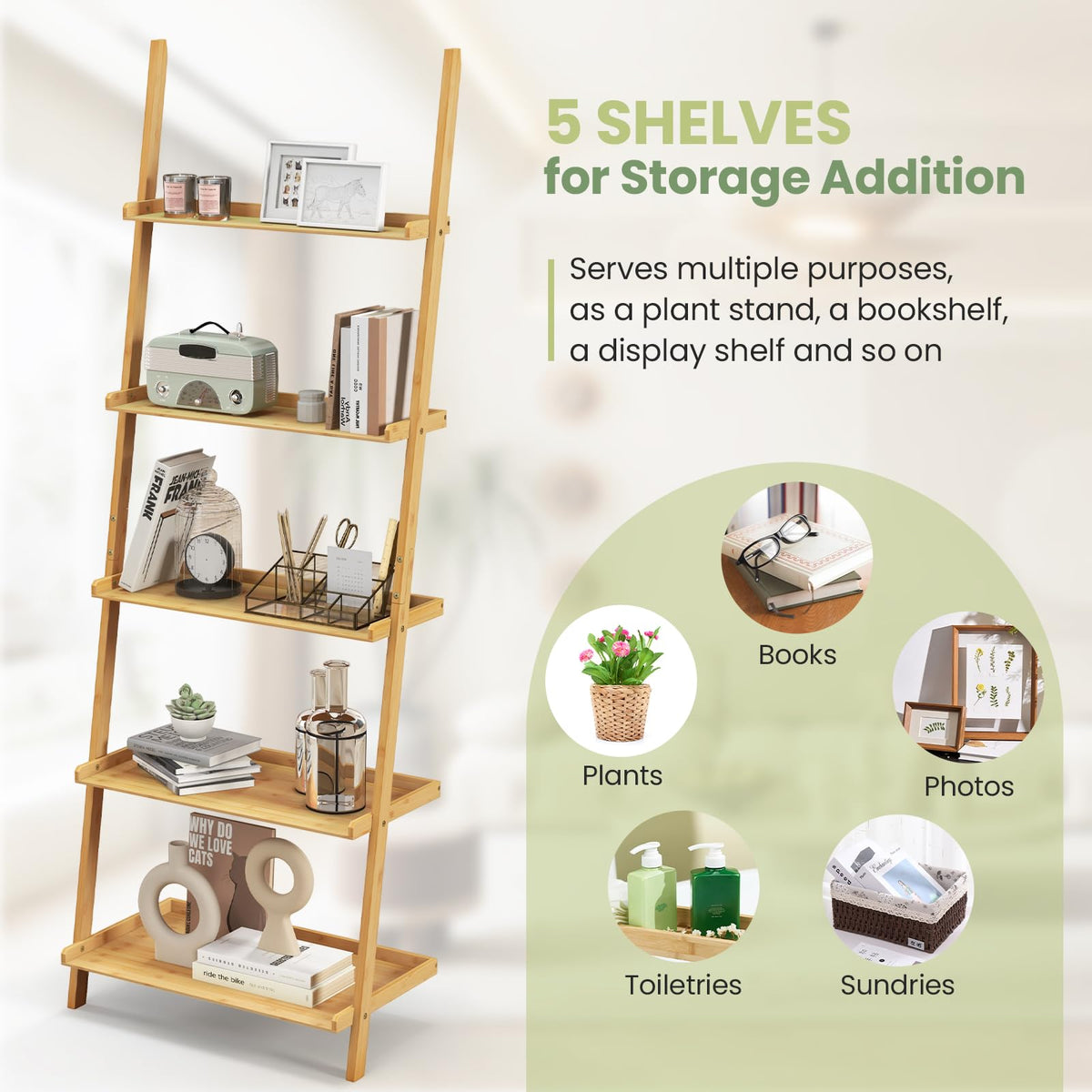 Giantex 5-Tier Bamboo Ladder Shelf, Wall-Leaning Bookshelf with Anti-Tipping Kits