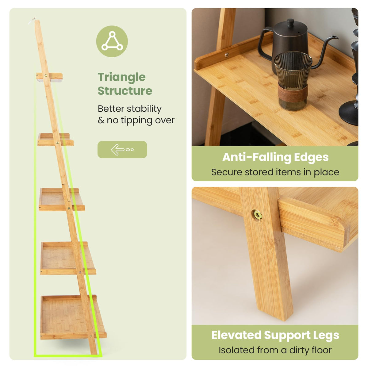 Giantex 5-Tier Bamboo Ladder Shelf, Wall-Leaning Bookshelf with Anti-Tipping Kits