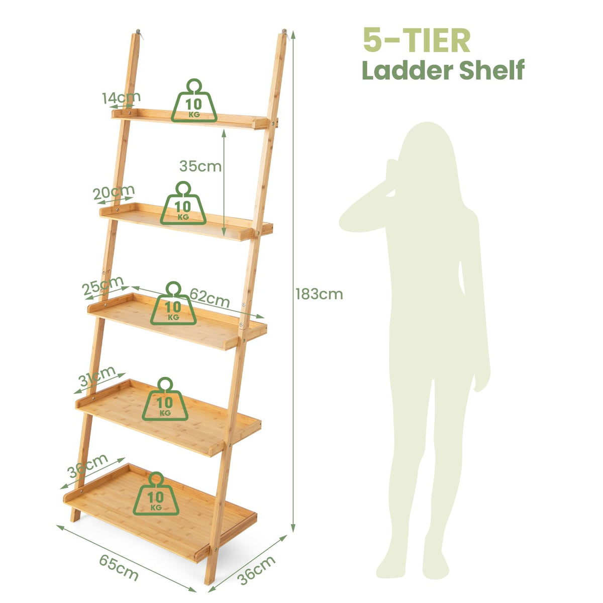 Giantex 5-Tier Bamboo Ladder Shelf, Wall-Leaning Bookshelf with Anti-Tipping Kits