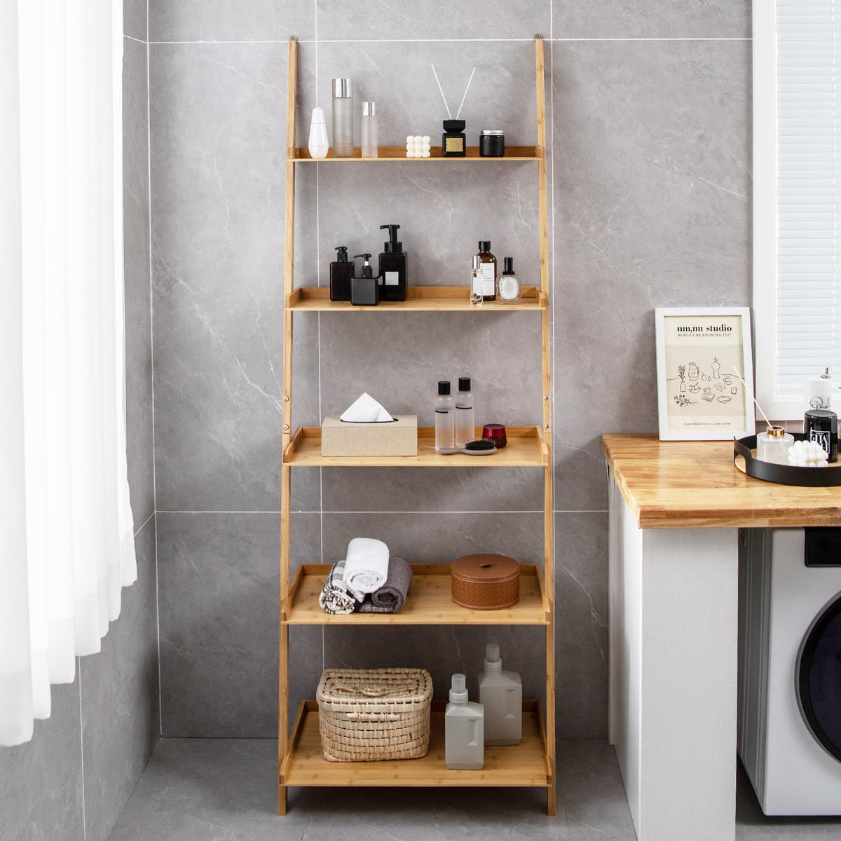 Giantex 5-Tier Bamboo Ladder Shelf, Wall-Leaning Bookshelf with Anti-Tipping Kits