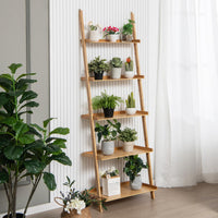 Giantex 5-Tier Bamboo Ladder Shelf, Wall-Leaning Bookshelf with Anti-Tipping Kits