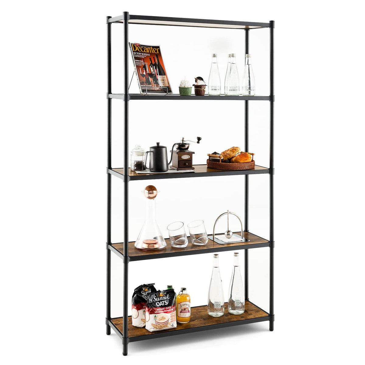 Giantex 5-Tier Tall Bookshelf, Freestanding Utility Storage Rack with Rustic Wood Grain & Heavy-Duty Metal Frame