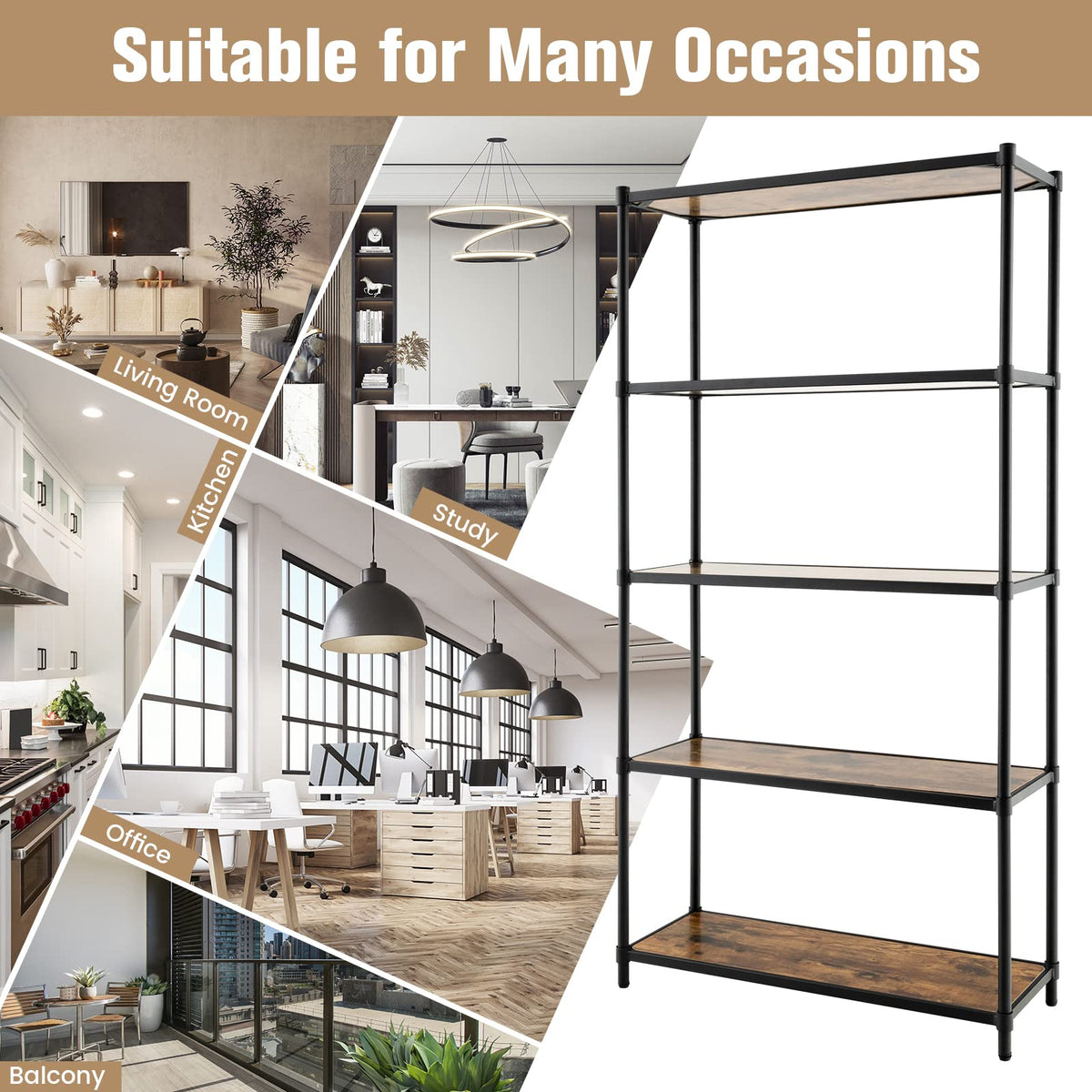 Giantex 5-Tier Tall Bookshelf, Freestanding Utility Storage Rack with Rustic Wood Grain & Heavy-Duty Metal Frame