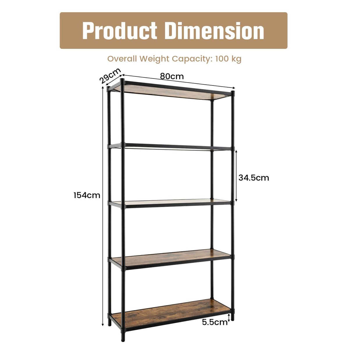 Giantex 5-Tier Tall Bookshelf, Freestanding Utility Storage Rack with Rustic Wood Grain & Heavy-Duty Metal Frame