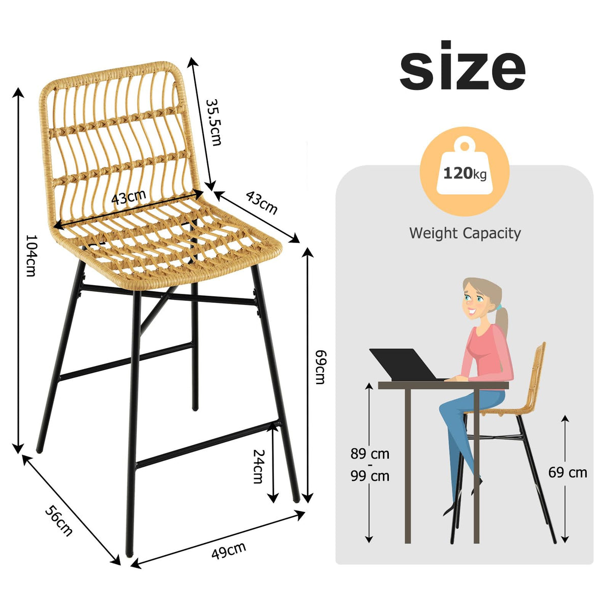 Giantex 69 cm Rattan Bar Stools Set of 2, Counter Height Bar Stools with Sturdy Metal Frame