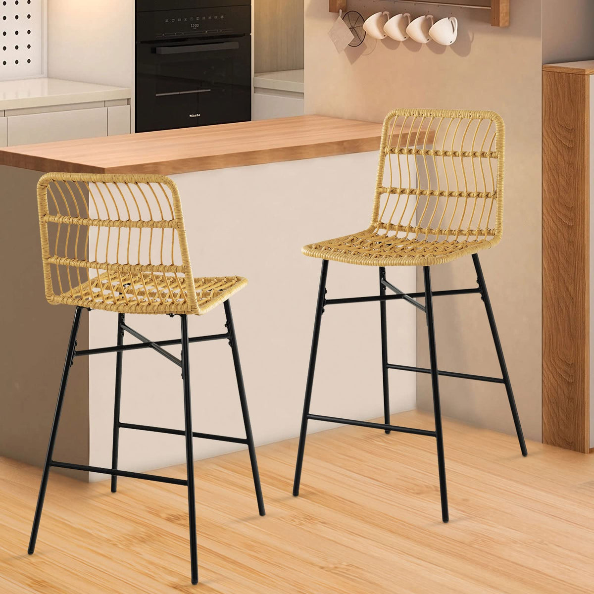 Giantex 69 cm Rattan Bar Stools Set of 2, Counter Height Bar Stools with Sturdy Metal Frame