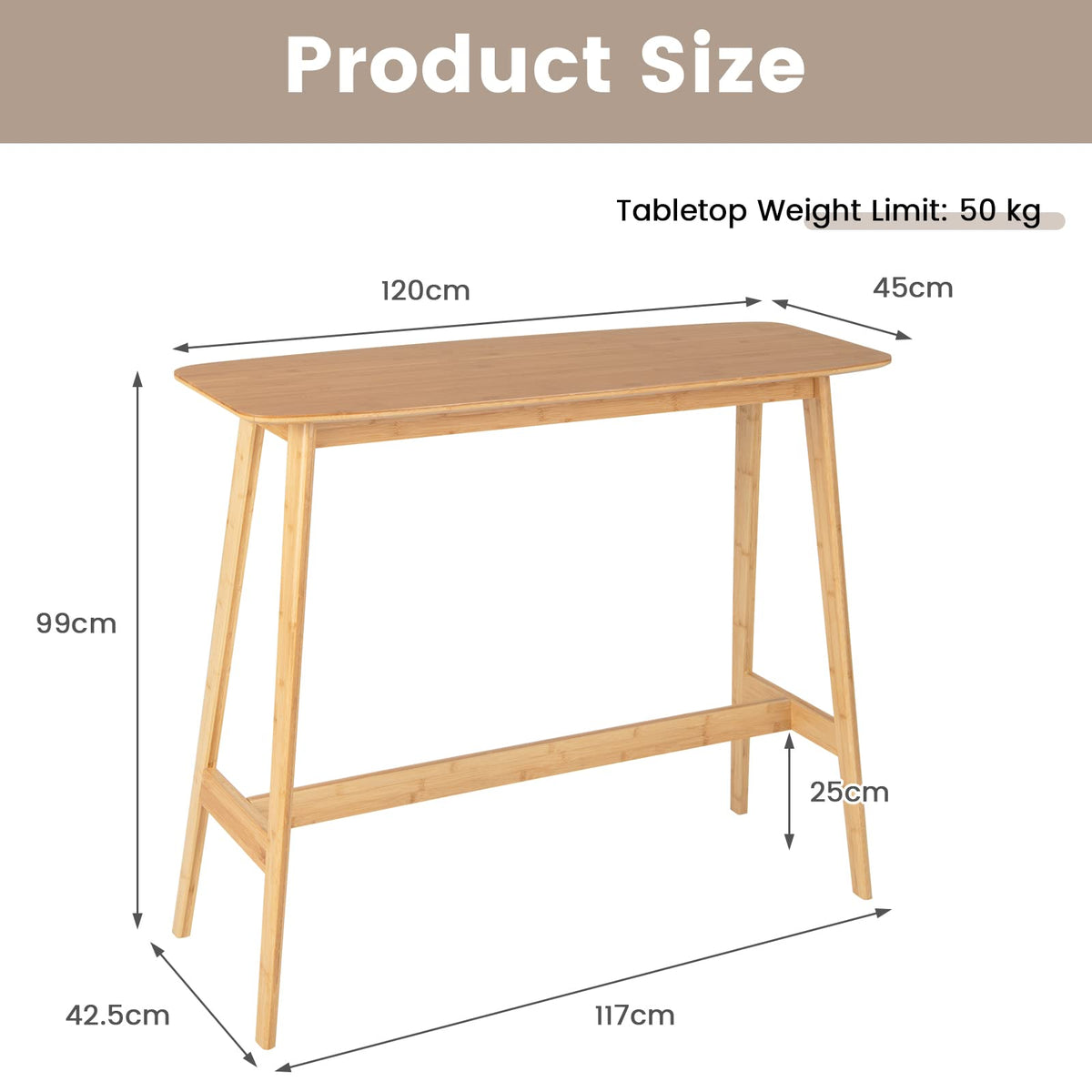 Giantex Bamboo Bar Table, 120cm Rectangular Bar Height Pub Table with Sturdy Wooden Construction & Easy Cleaning Surface