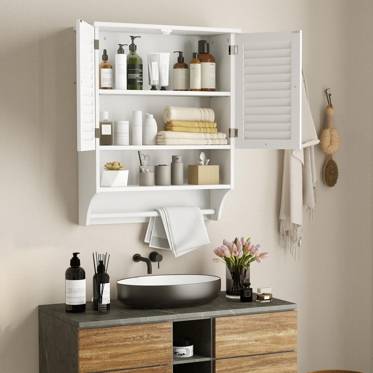 Giantex Bathroom Wall Cabinet, Hanging Medicine Cabinet with 2 Louvered Doors