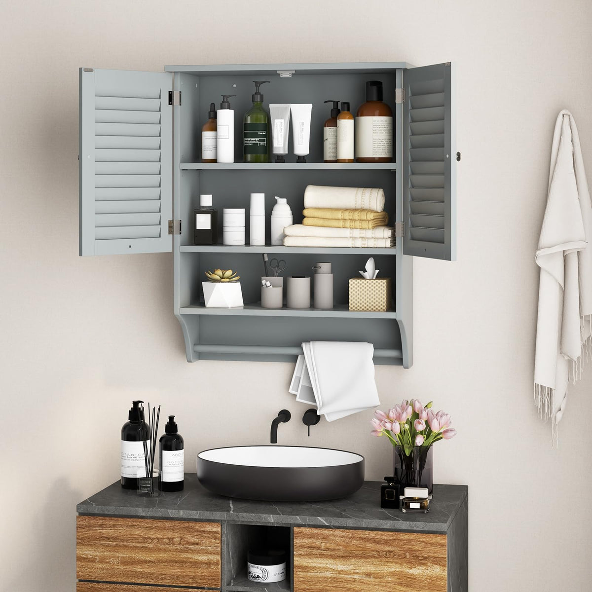 Giantex Bathroom Wall Cabinet, Hanging Medicine Cabinet with 2 Louvered Doors