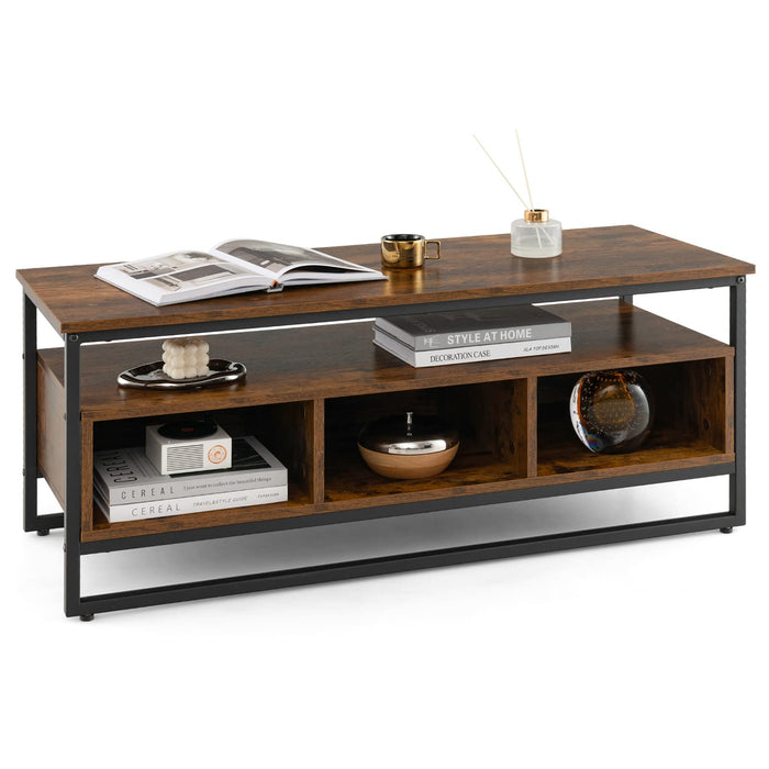 Giantex Coffee Table with Storage, Industrial Center Table with Open Shelf & 3 Storage Cubbies