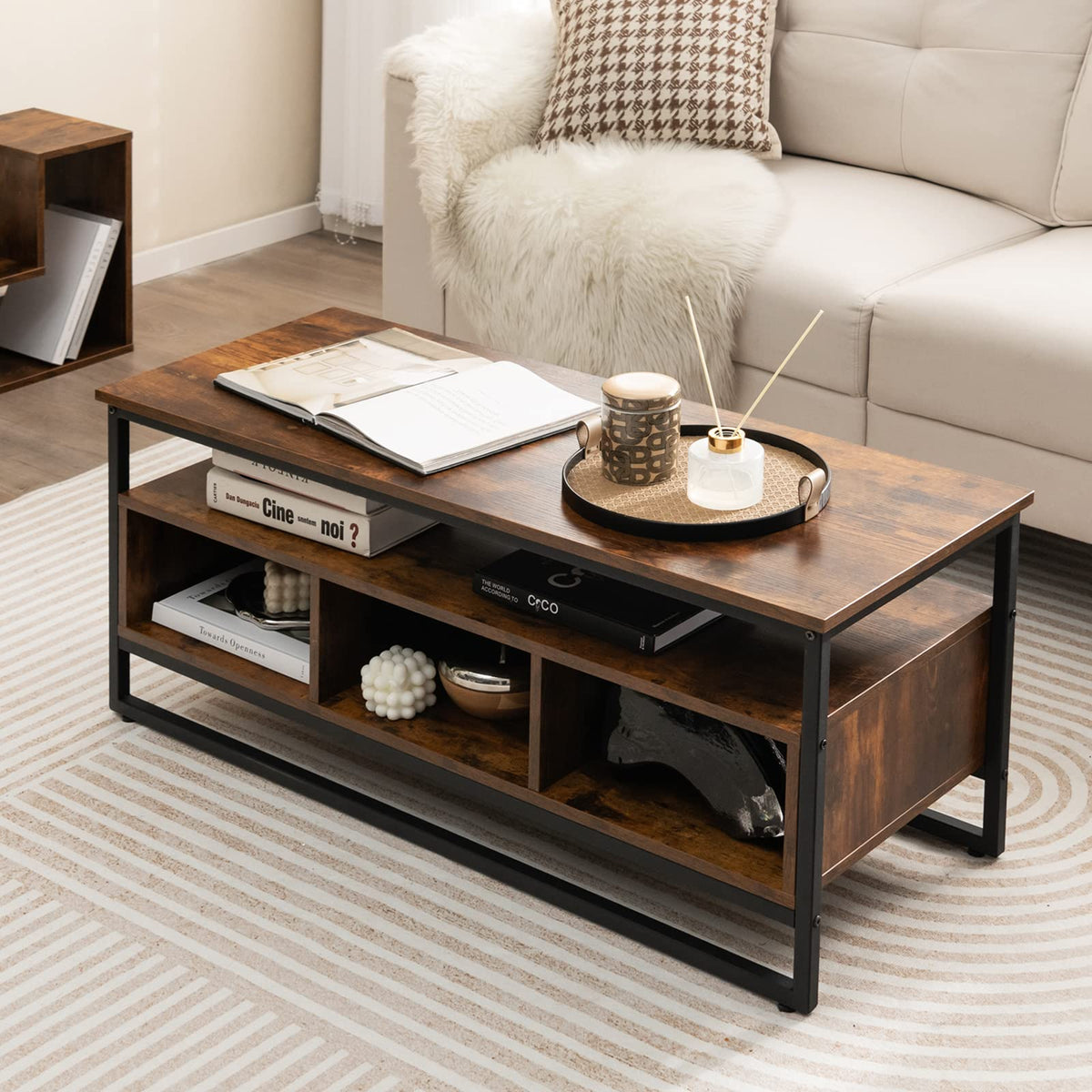 Giantex Coffee Table with Storage, Industrial Center Table with Open Shelf & 3 Storage Cubbies