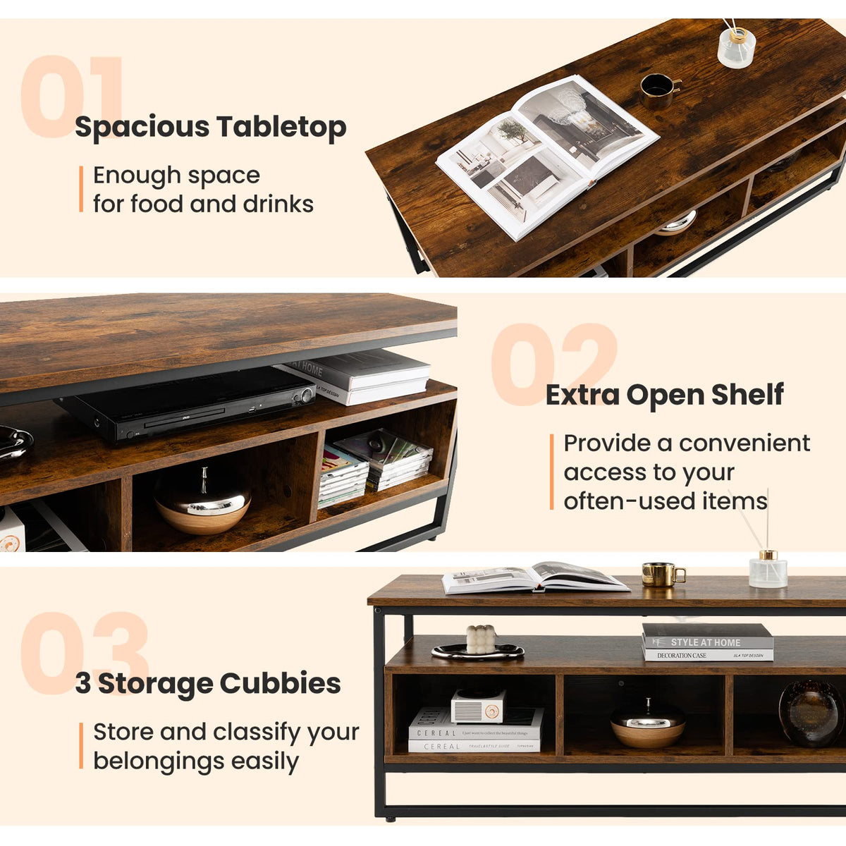 Giantex Coffee Table with Storage, Industrial Center Table with Open Shelf & 3 Storage Cubbies