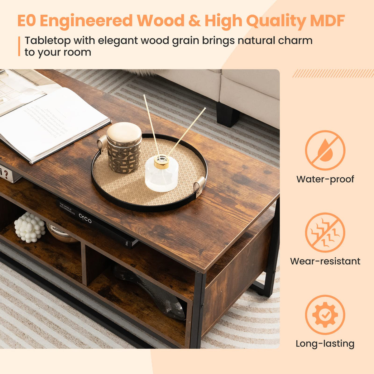 Giantex Coffee Table with Storage, Industrial Center Table with Open Shelf & 3 Storage Cubbies