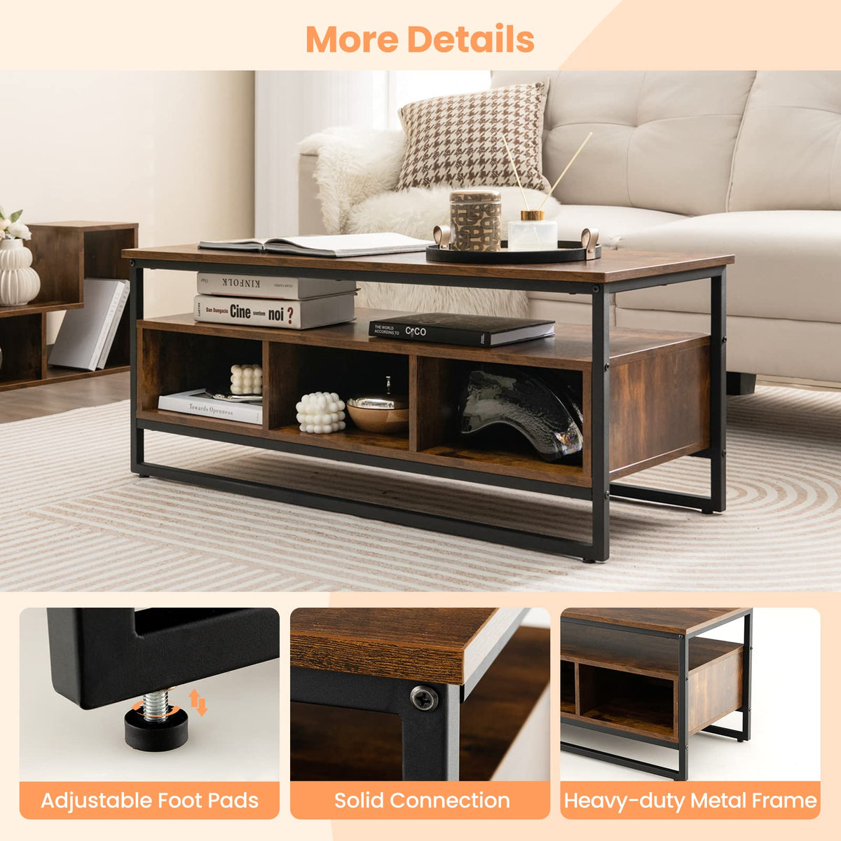Giantex Coffee Table with Storage, Industrial Center Table with Open Shelf & 3 Storage Cubbies