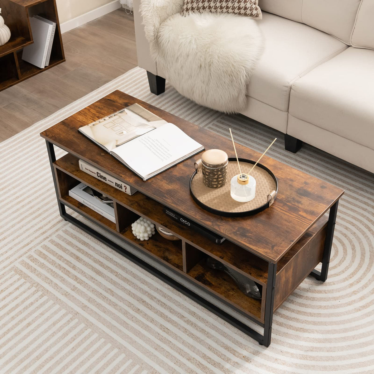Giantex Coffee Table with Storage, Industrial Center Table with Open Shelf & 3 Storage Cubbies
