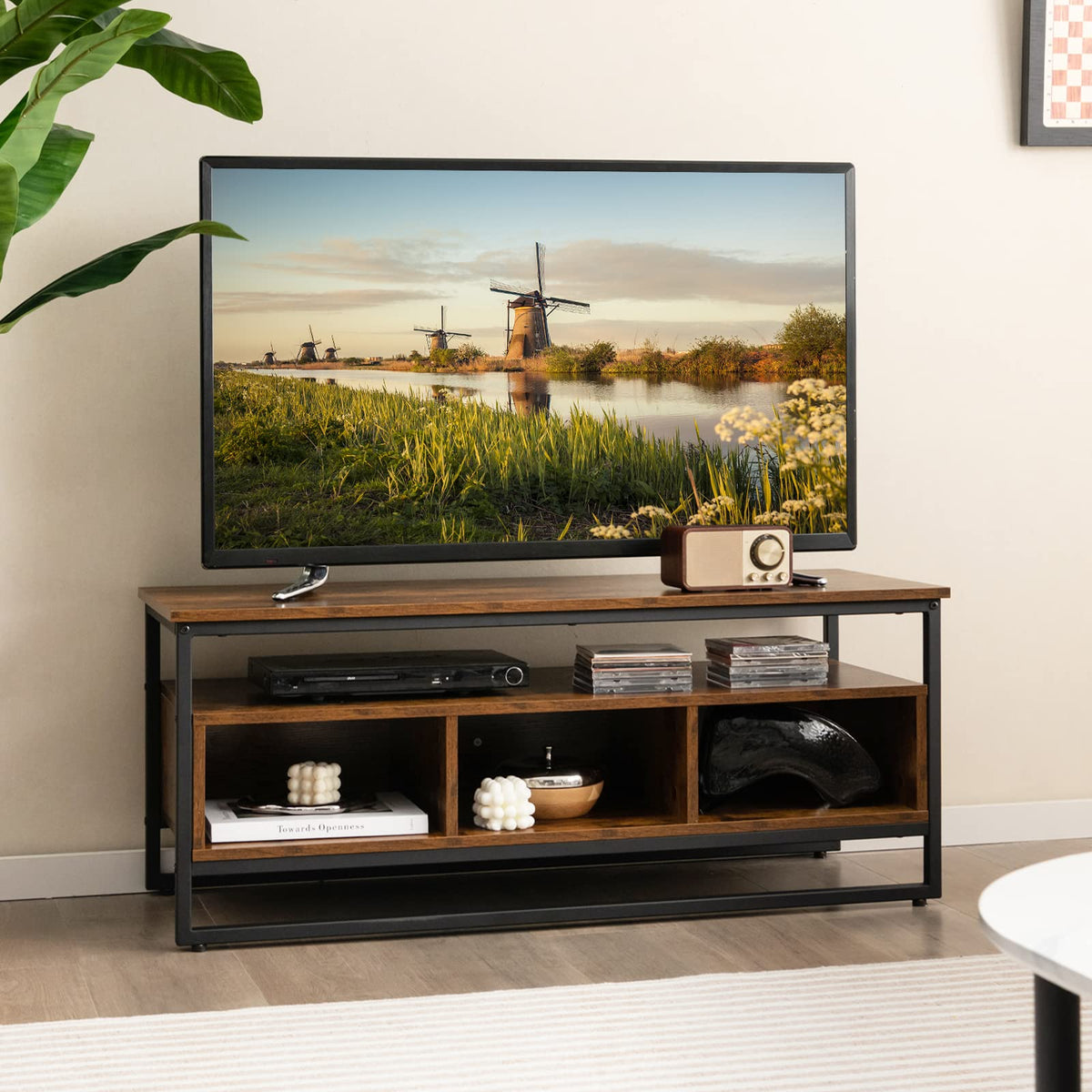 Giantex Coffee Table with Storage, Industrial Center Table with Open Shelf & 3 Storage Cubbies