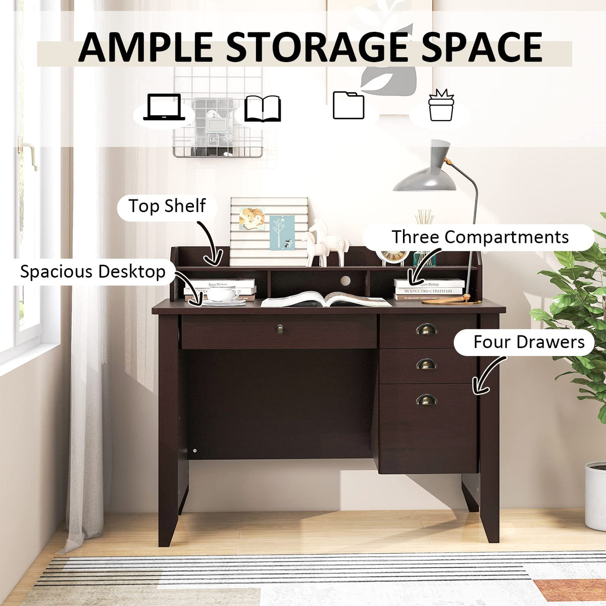 Giantex Computer Desk with 4 Storage Drawers & Hutch