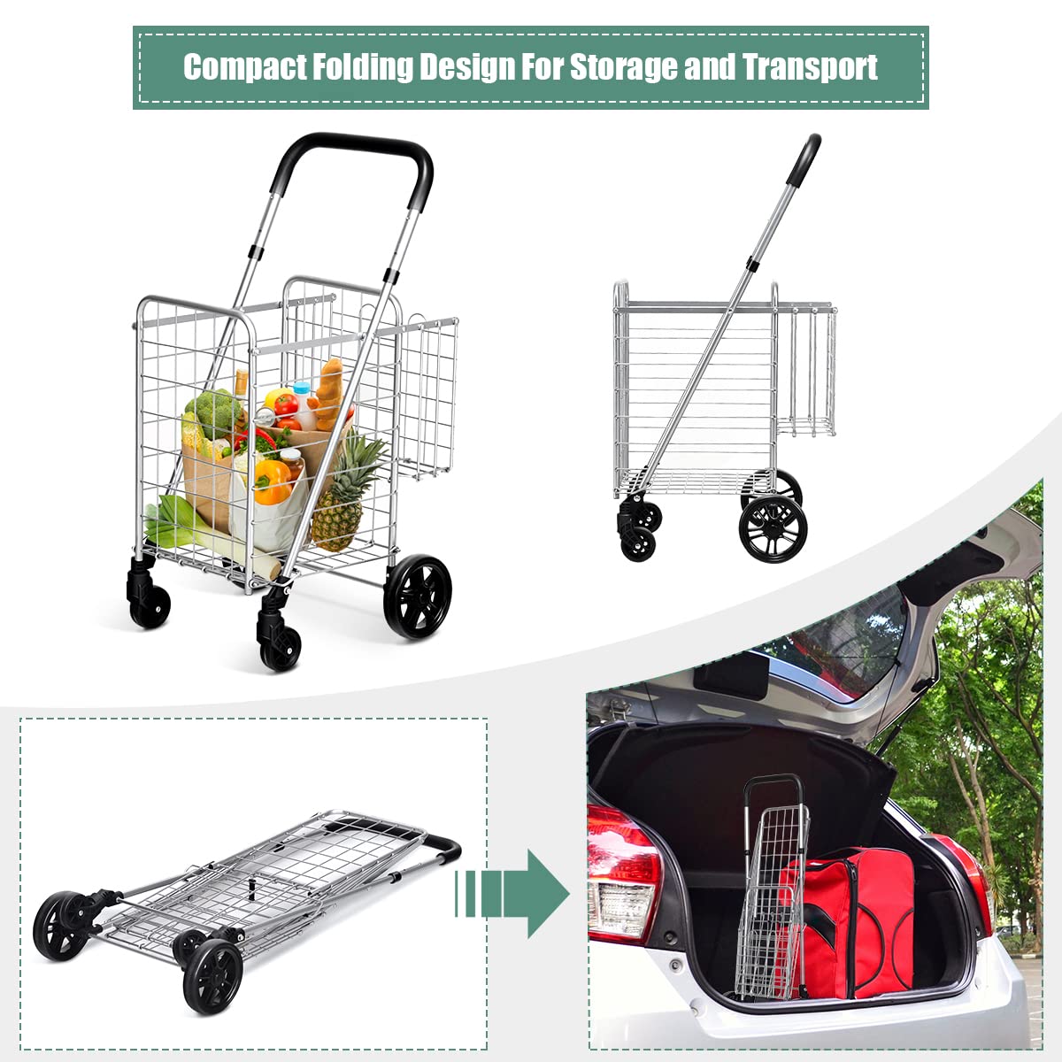 Giantex Folding Shopping Cart, 52D x 43W x 89.5H