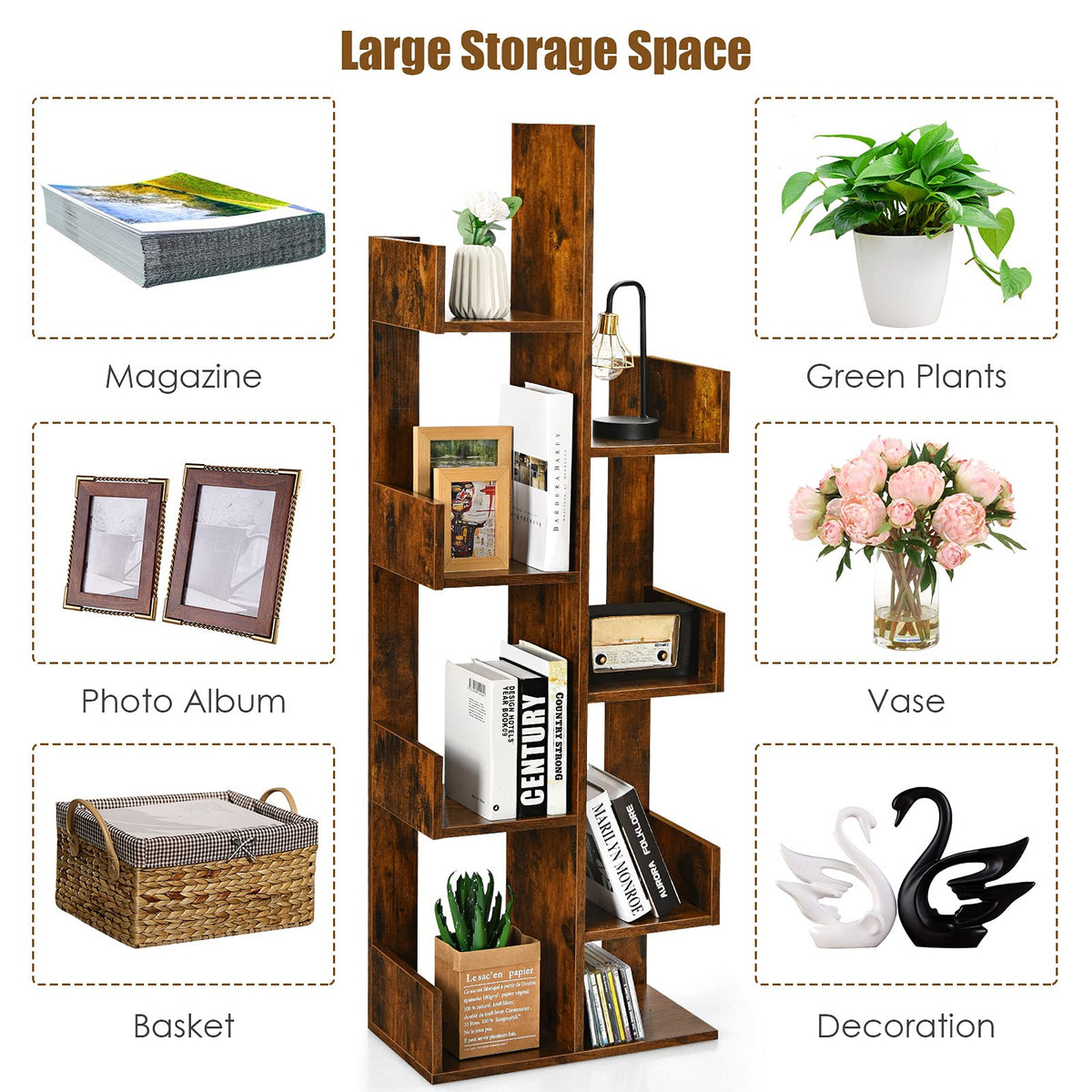 Giantex Industrial Bookcase, Tree-Shaped Bookshelf W/ 8 Storage Shelves