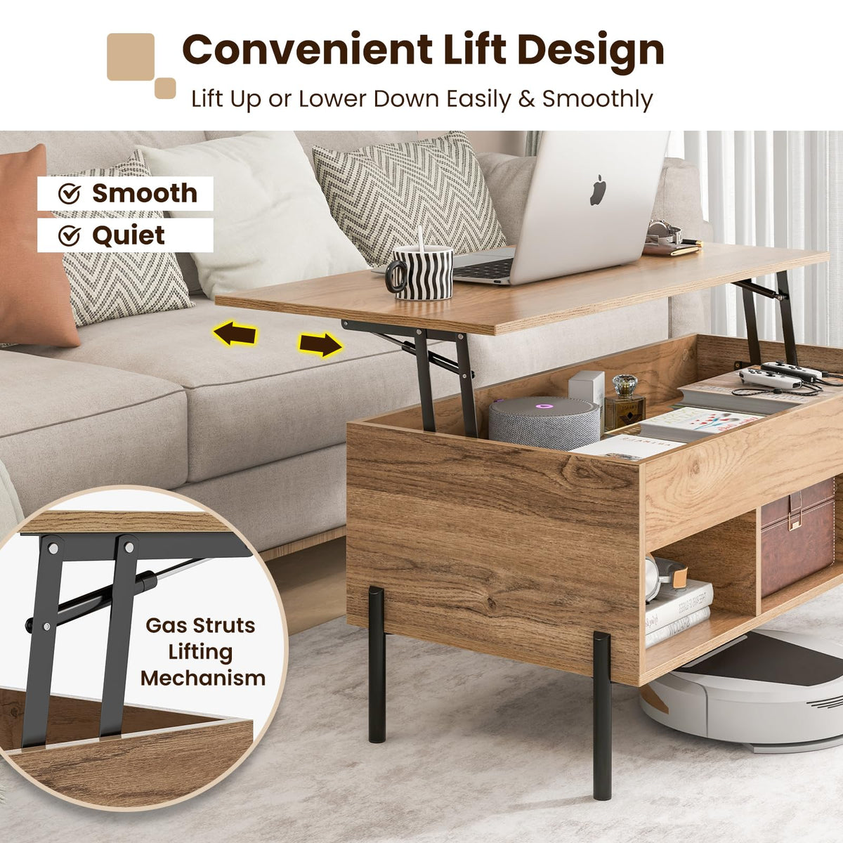 Massive Rising Table Giantex Lift Top Coffee Table, Rising Center Table with Large Hidden C ...