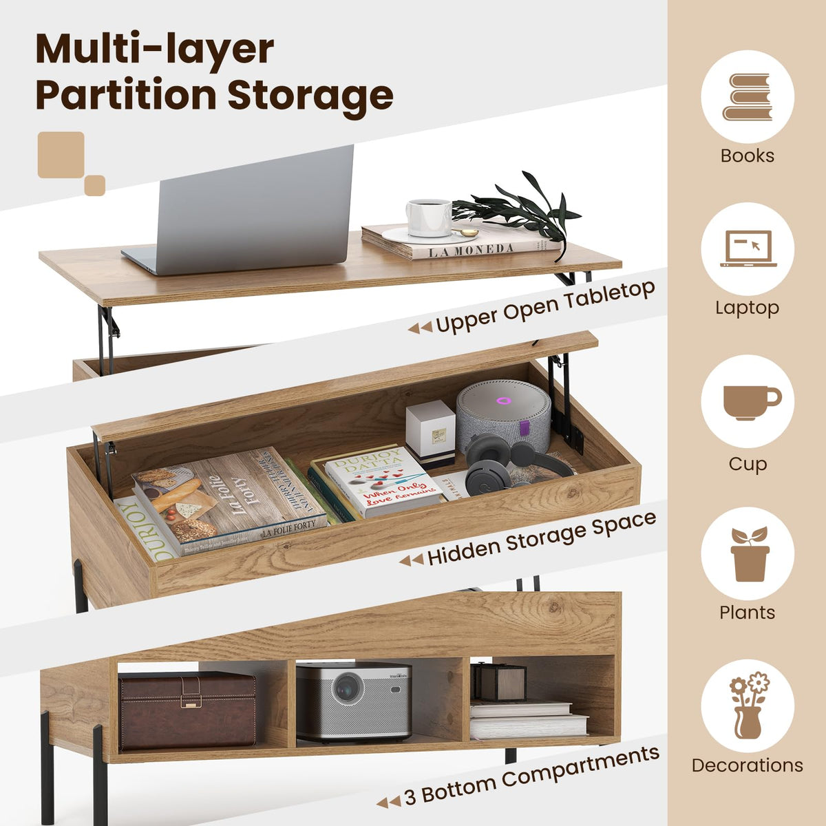 Giantex Lift Top Coffee Table, Rising Center Table with Large Hidden Compartment