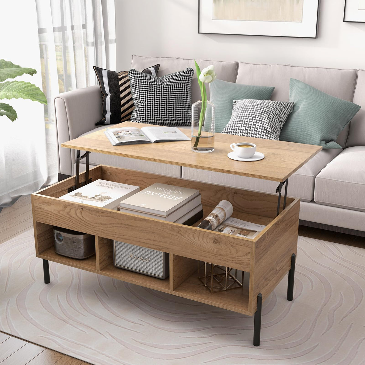 Massive Rising Table Giantex Lift Top Coffee Table, Rising Center Table with Large Hidden C ...