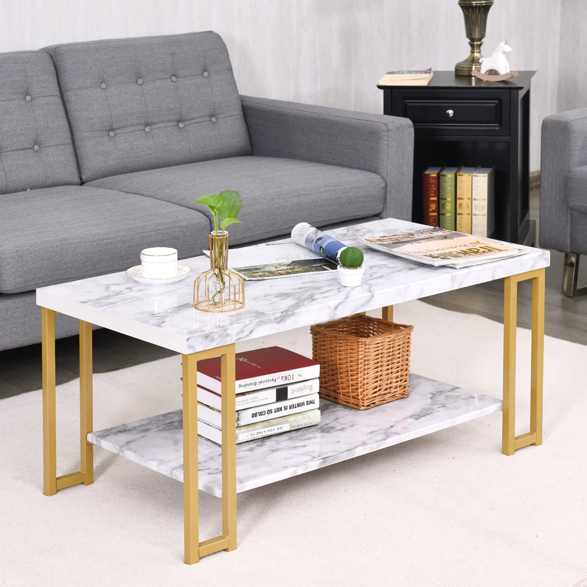 Giantex Marble Print Coffee Table, Accent Rectangular Cocktail Table