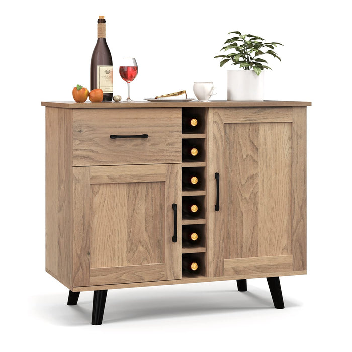 Giantex Mid-Century Modern Buffet Cabinet, Farmhouse Wine Bar Cabinet with 6-Bottle Wine Rack & Pull-Out Drawer & Adjustable Shelves
