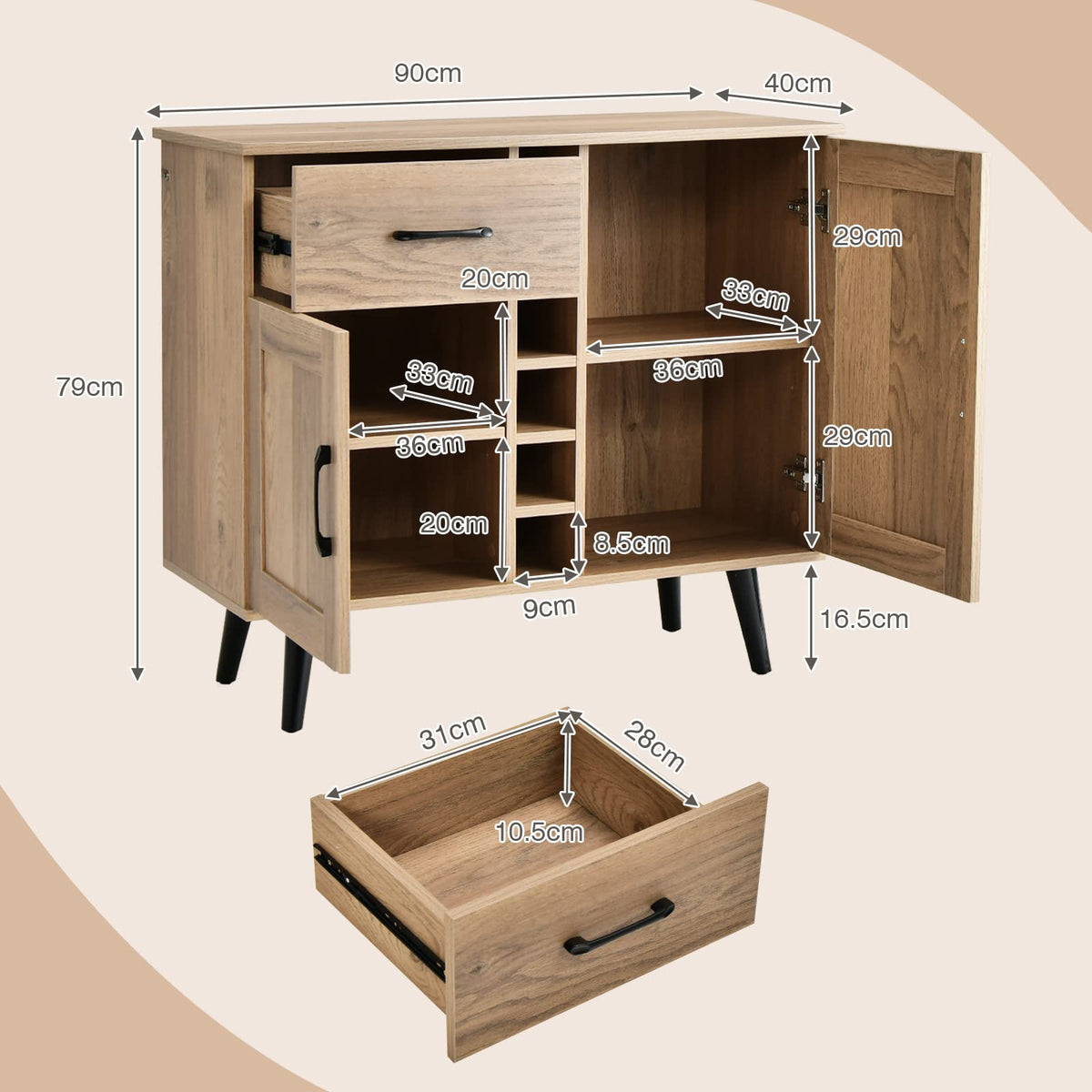 Giantex Mid-Century Modern Buffet Cabinet, Farmhouse Wine Bar Cabinet with 6-Bottle Wine Rack & Pull-Out Drawer & Adjustable Shelves